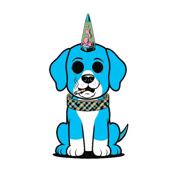 Blue dog with a lava lamp horn and patterned collar
