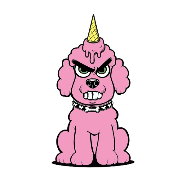 Pink poodle with a yellow horn and spiked collar