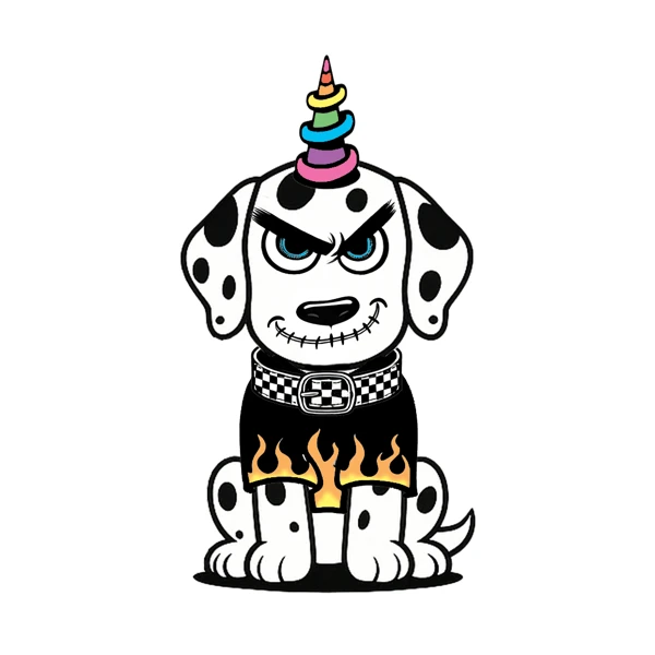 Spotted dog with a rainbow spiral horn and flame shirt