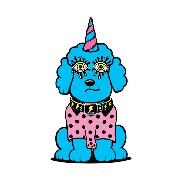 Blue poodle with a striped horn and pink polka-dot shirt