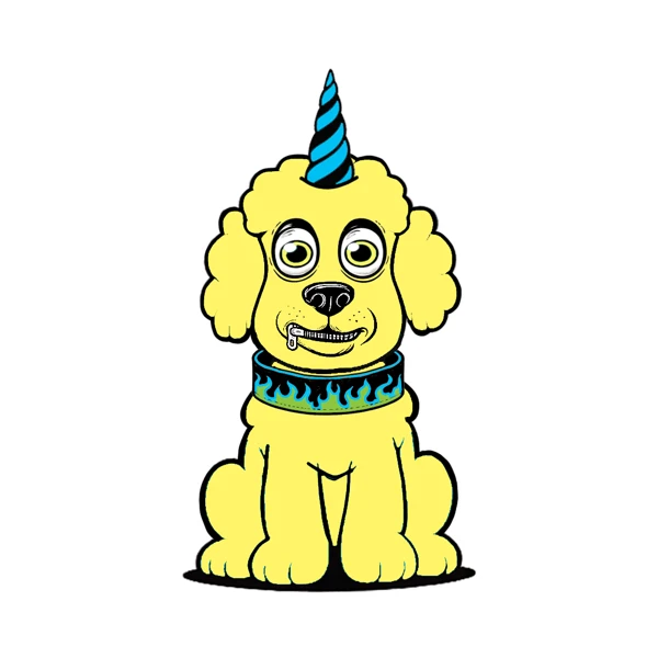 Yellow poodle with a blue horn and flame collar