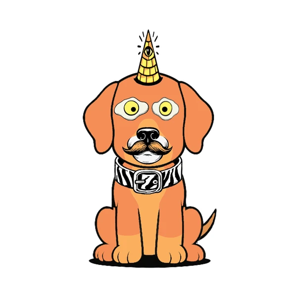 Orange dog with a yellow horn and patterned collar