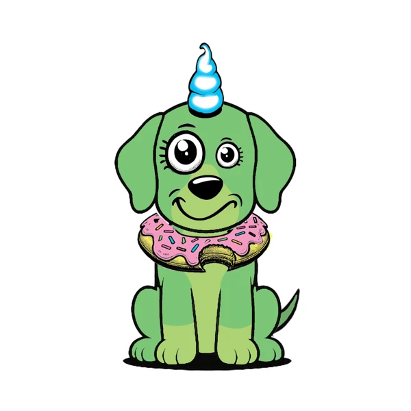 Green dog with a blue spiral horn and donut collar