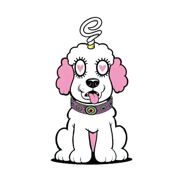White and pink poodle with heart eyes and a white curved horn