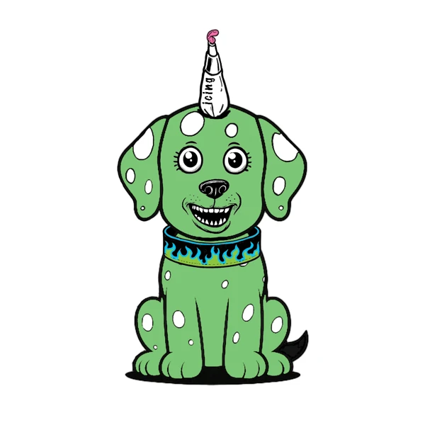 Green spotted dog with a thermometer horn