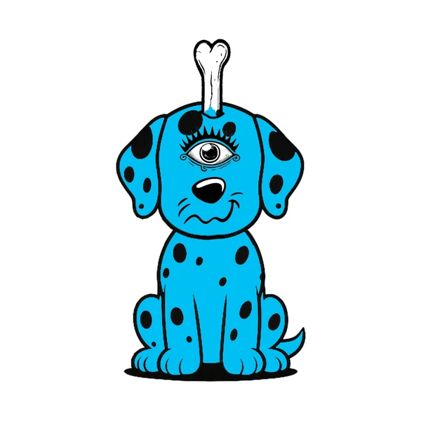 Blue spotted dog with one eye and a bone horn