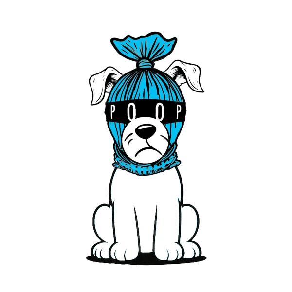 White dog with a blue bag over its head