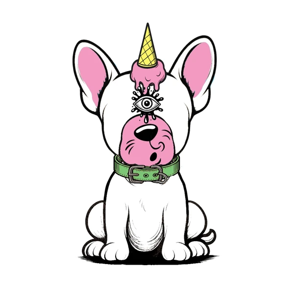 White and pink dog with pointed ears and a yellow horn