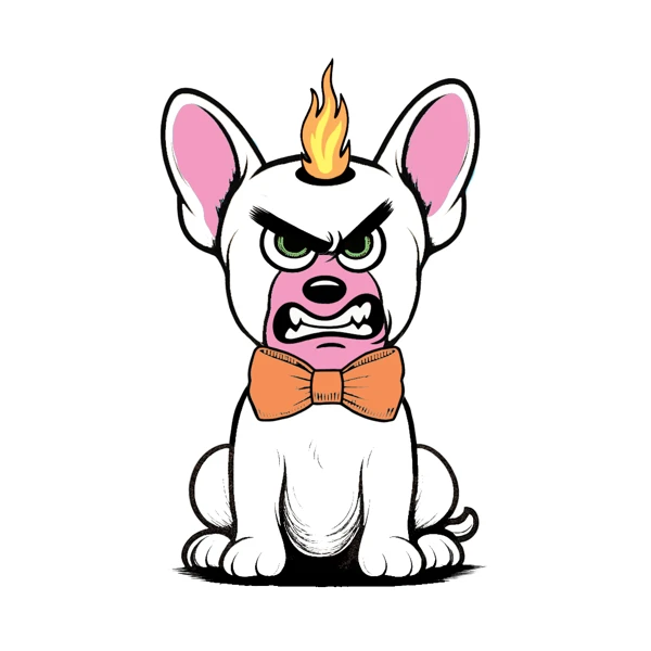 White and pink dog with a flame horn and orange bow tie