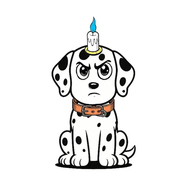 Black-and-white spotted dog with a candle horn and orange collar