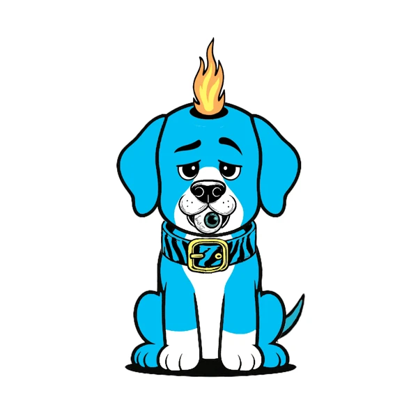 Blue dog with a flame horn and an eyeball in its mouth