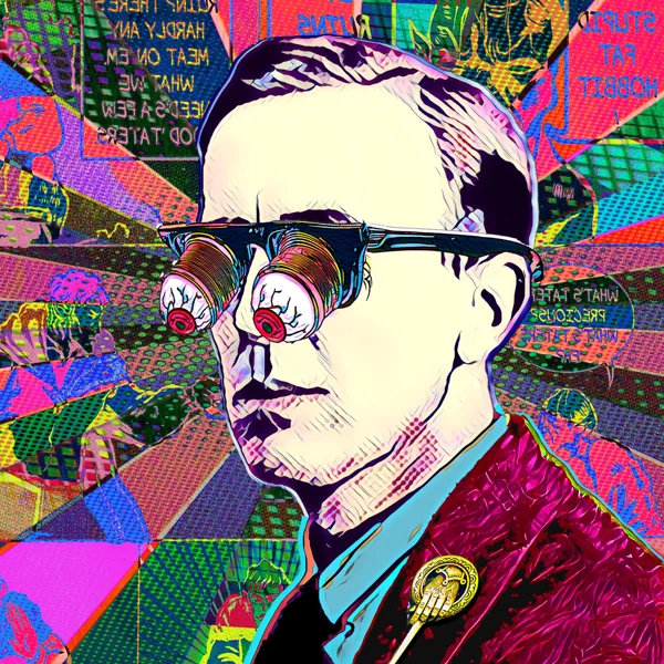 Tolkien 1: Round patterned glasses and a deep red jacket