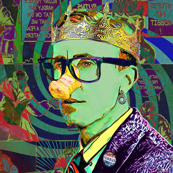 Tolkien 5: A gold crown, black glasses, and a bubblegum bubble