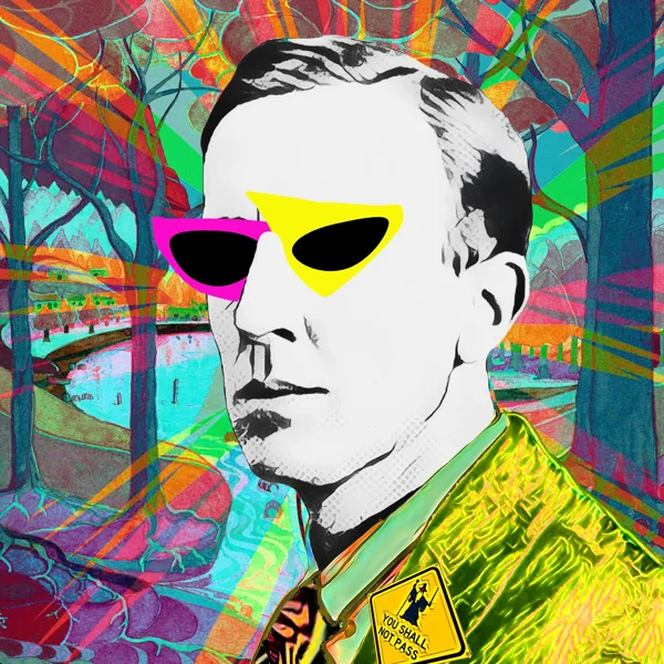 Tolkien 43: Pink and yellow angular sunglasses and a yellow jacket