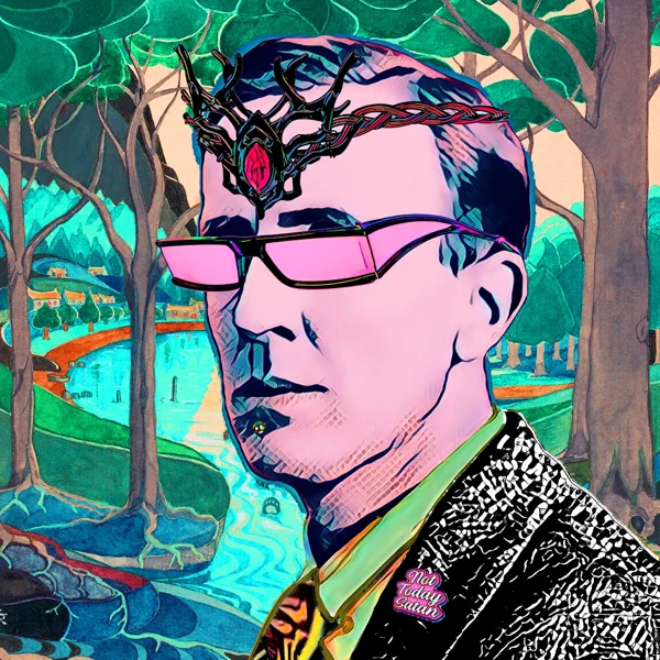 Tolkien 52: An ornate dark headpiece and narrow pink glasses