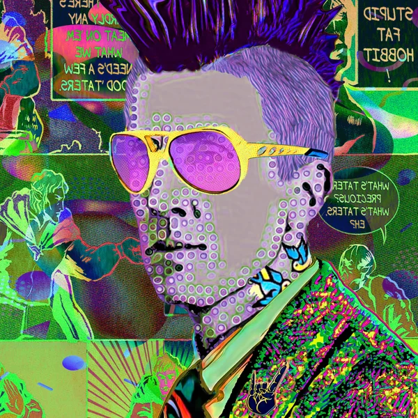Tolkien 60: Gold-framed pink aviators, dotted skin, and tall purple hair
