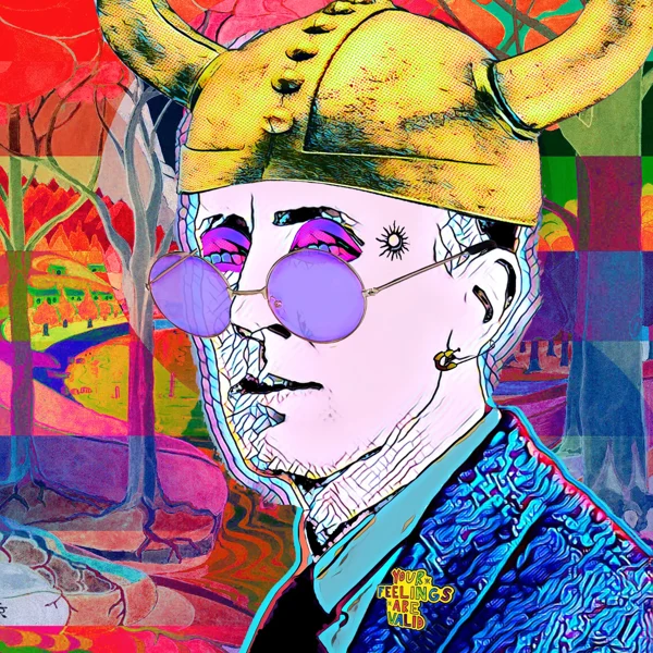 Tolkien 70: Gold horned helmet and round purple glasses