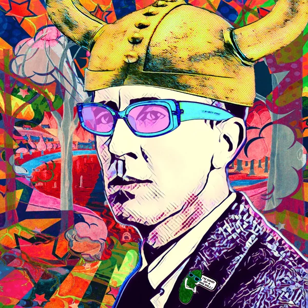 Tolkien 90: Gold horned helmet and blue glasses with pink lenses
