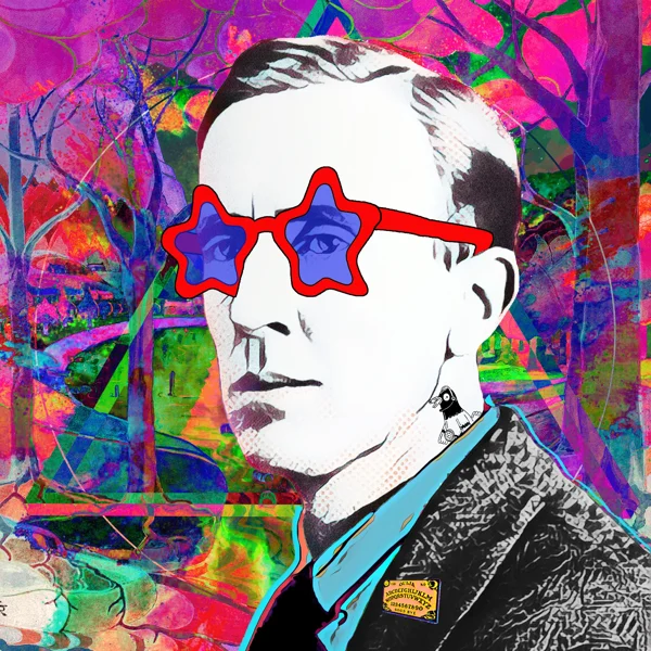 Tolkien 98: Red star-shaped glasses with blue lenses and a pale face