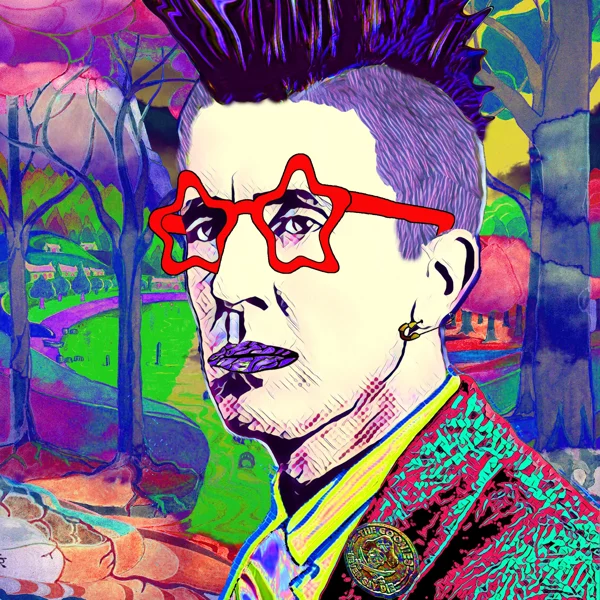 Tolkien 99: Red star-shaped glasses, tall purple hair, and a purple mouth accessory