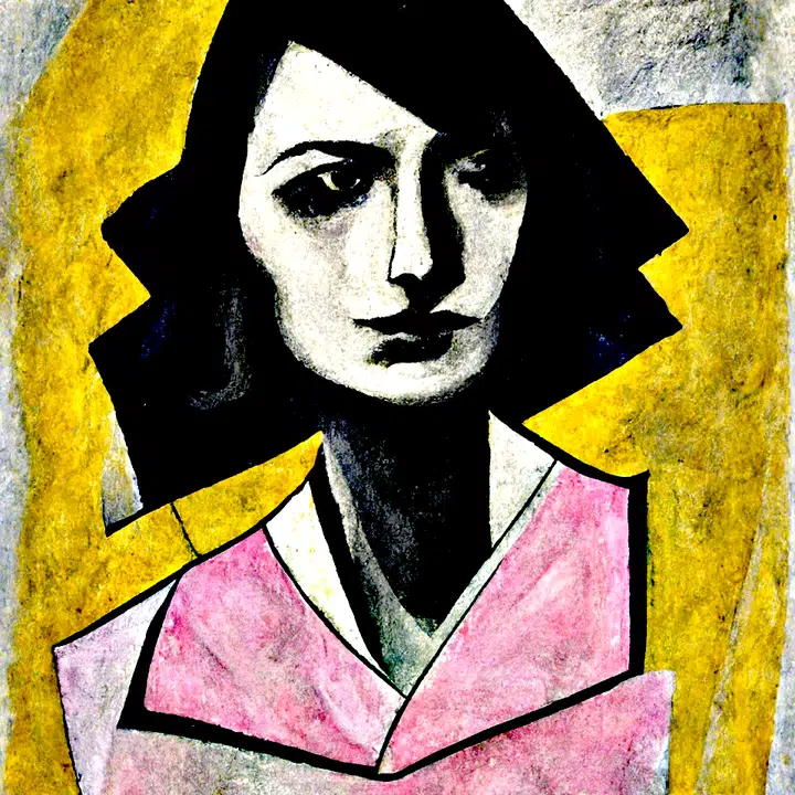 Dark-haired portrait wearing pink against yellow